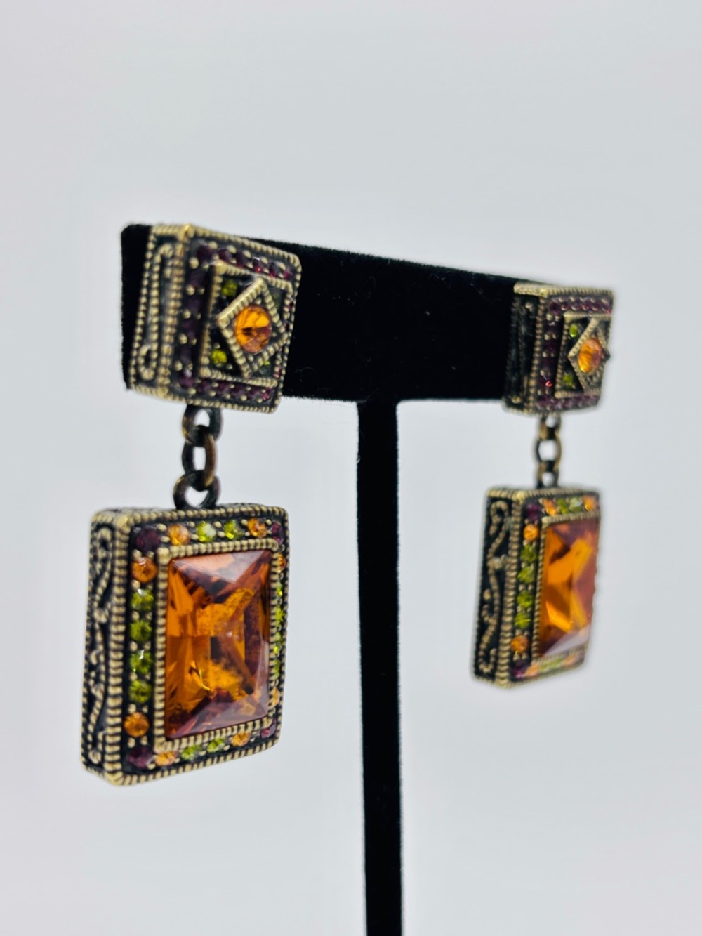 Heidi Daus Amber Swarovski Crystal Drop Earrings with Green Accent - Picture 4 of 10